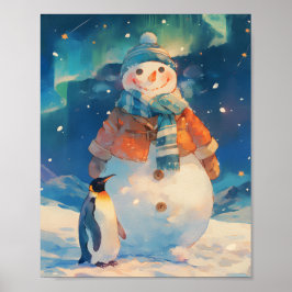 Snowman and Penguin Northern Lights Winter Nursery Poster