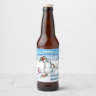 Snowman Attacks Funny Cartoon Bierflaschenetikett