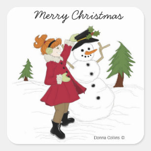 Snowman avec un autocollant de petite fille carré