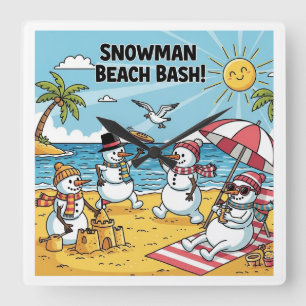 Snowman Beach Bash Quadratische Wanduhr