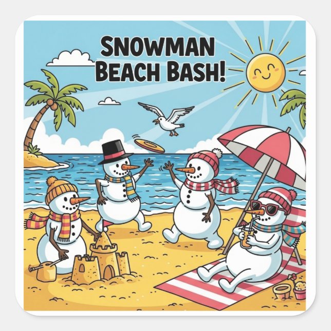 Snowman Beach Bash Quadratischer Aufkleber (Vorderseite)