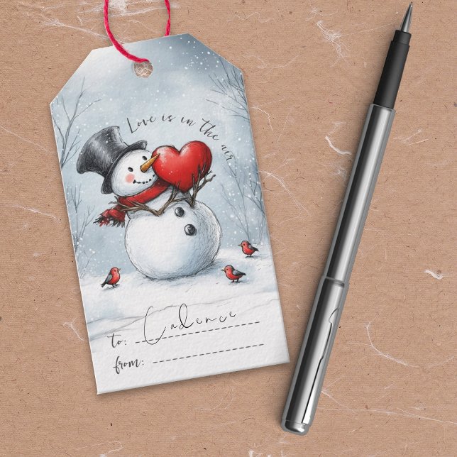 Snowman bietet Liebe mit einem Big Heart Geschenke Geschenkanhänger (Winter gift tag for Christmas to Valentine's Day)