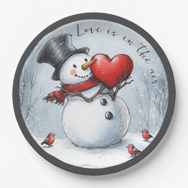 Snowman bietet Liebe mit einem großen Herz Pappteller (Vorderseite)