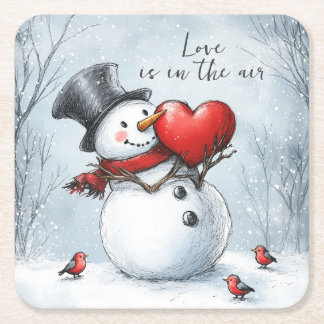 Snowman bietet Liebe mit einem großen Herz Rechteckiger Pappuntersetzer