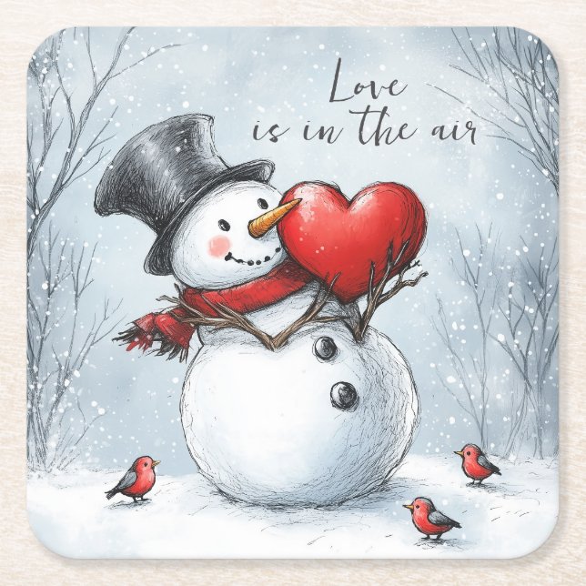 Snowman bietet Liebe mit einem großen Herz Rechteckiger Pappuntersetzer (Vorderseite)