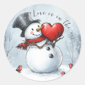 Snowman bietet Liebe mit einem großen Herz Runder Aufkleber
