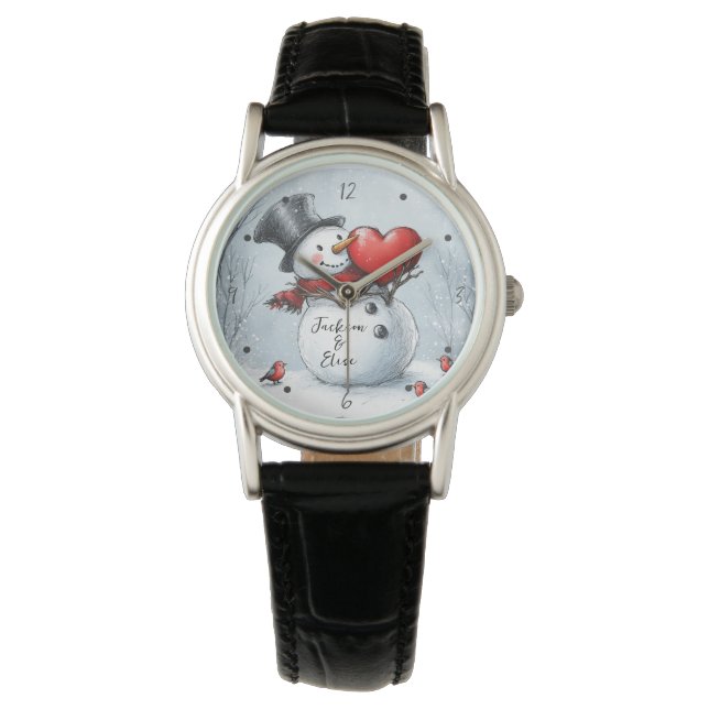 Snowman bietet Liebe mit einem großen roten Herz Armbanduhr (Vorderseite)