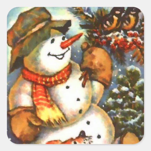Snowman Birds und Welpen Quadratischer Aufkleber (Vorderseite)