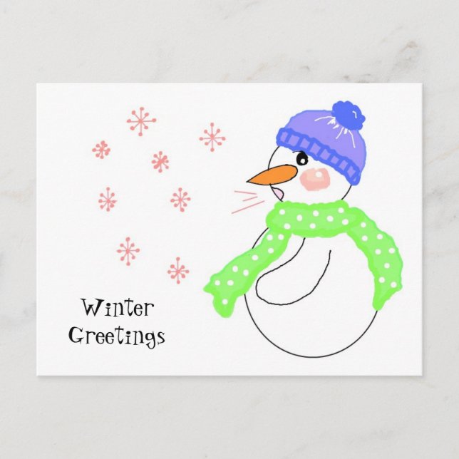 Snowman Blowns Snowflake Greetings Postkarte (Vorderseite)