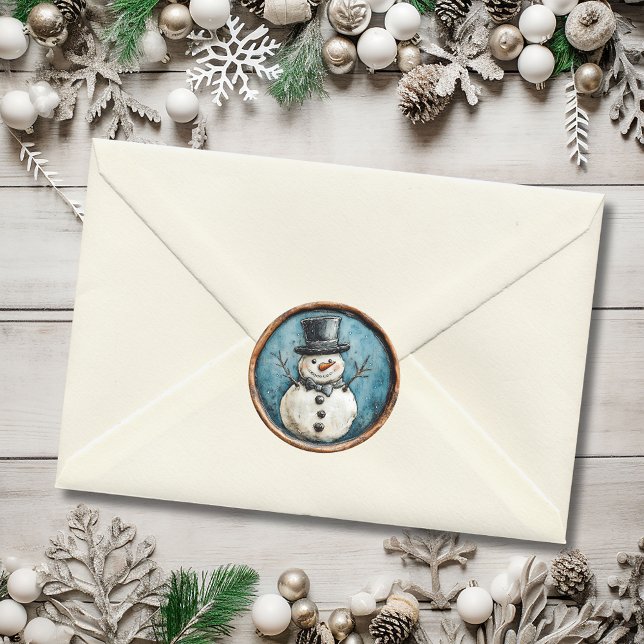 Snowman Blue Christmas Faux Wax Runder Aufkleber (Snowman Blue Christmas Faux Wax Classic Round Sticker)
