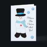 Snowman Blue Christmas Feiertagskarte<br><div class="desc">Hier ist ein süßer Schneemann mit einem schwarzen Hut und blauen Accessoires. Ich wünsche dir frohe Weihnachten!</div>