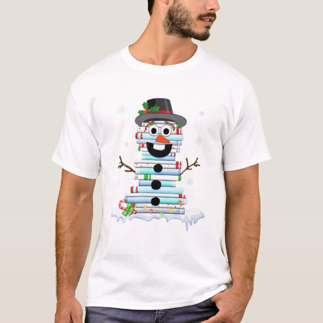 Snowman Book Stack Librarian Book Lover Weihnachte T-Shirt (Vorderseite)