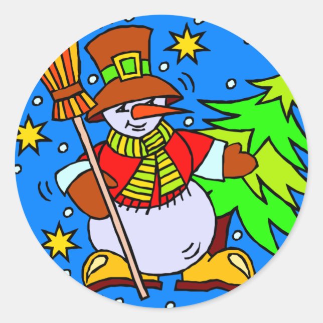 Snowman Broom Christmas Tree Runder Aufkleber (Vorderseite)
