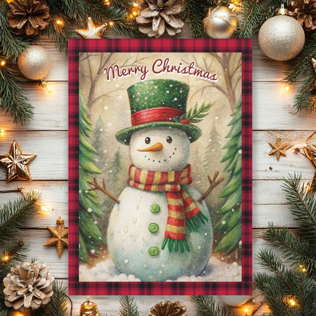 Snowman Buffalo Kariert Vintag frohe Weihnachten (Vintage snowman on red and black buffalo plaid Christmas greeting card)