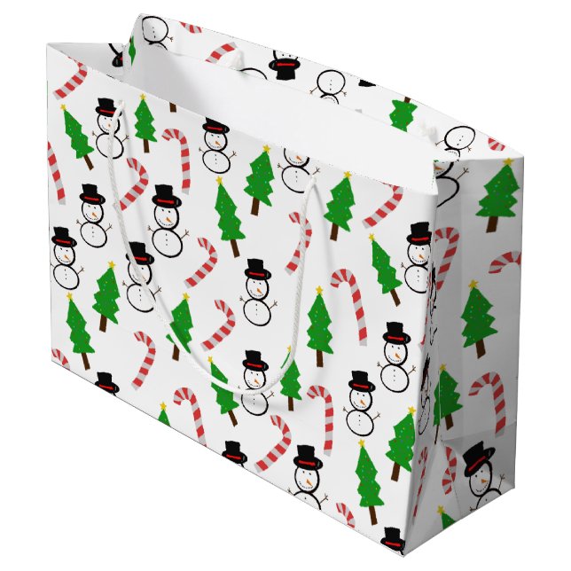 Snowman Candy Cane Christmas Tree Große Geschenktüte (Rückseite Schrägansicht)