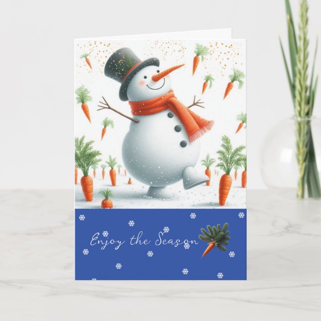Snowman Carrot Patch Dance Feiertagskarte (Vorderseite)