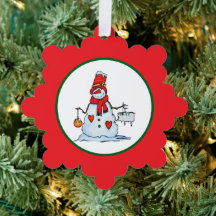 snowman christmas ornament with hearts and icicles