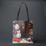 Snowman Christmas Scene Tasche<br><div class="desc">Das ist eine lustige Weihnachtstasche mit einem Schneemann mit Geschenken an der Haustür in Vintagem Aquarellstil.</div>