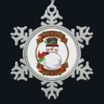 Snowman Christmas Schneeflocken Zinn-Ornament<br><div class="desc">Eine niedliche Weihnachtsdekoration mit dem Bild eines Schneemanns,  umgeben von einem goldenen und roten Weihnachtsband mit heiligen und poinsettia Blume.</div>