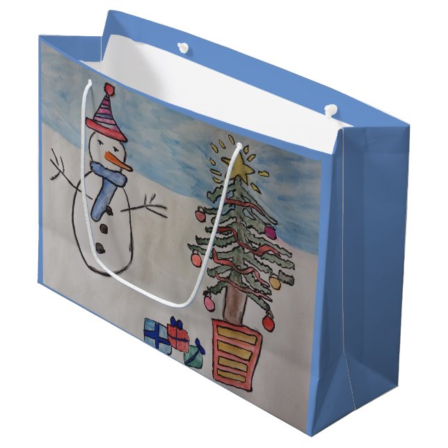 Snowman & Christmas Tree Geschenktasche Große Geschenktüte (Vorderseite Schrägansicht)