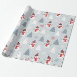 Snowman & Christmas Trees Weihnachtsmuster Geschenkpapier<br><div class="desc">Farbenfrohe handgemalte Weihnachtsschneeflocken und Schneemann in einem nahtlosen Muster in rot-weiß und grau</div>