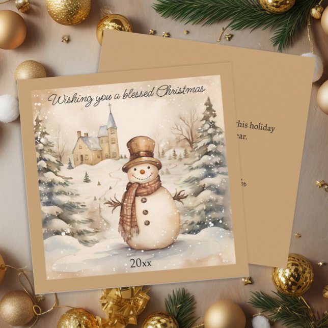 Snowman Classic Vintag Church Selig Weihnachten (Classic "Wishing you a blessed Christmas" snowman square Christmas greeting card)
