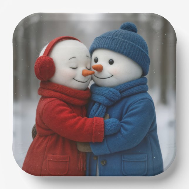 Snowman Couple Hugging in Winter Forest Pappteller (Vorderseite)