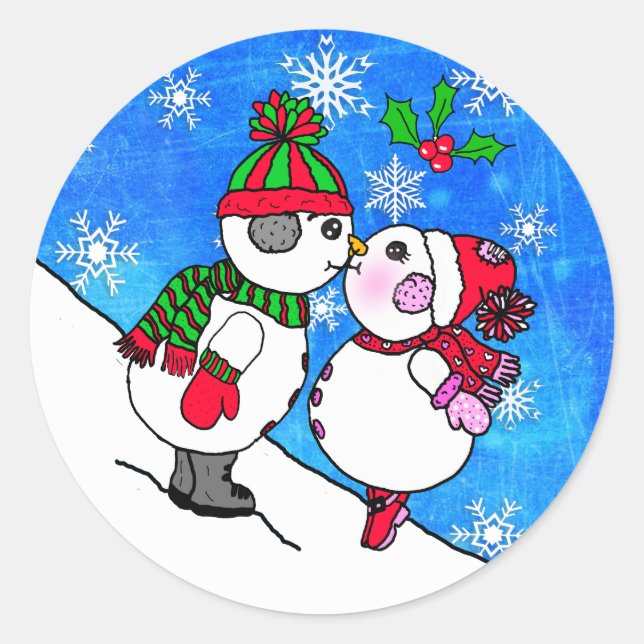 Snowman Couple Kissing unter Mistletoe Weihnachten Runder Aufkleber (Vorderseite)