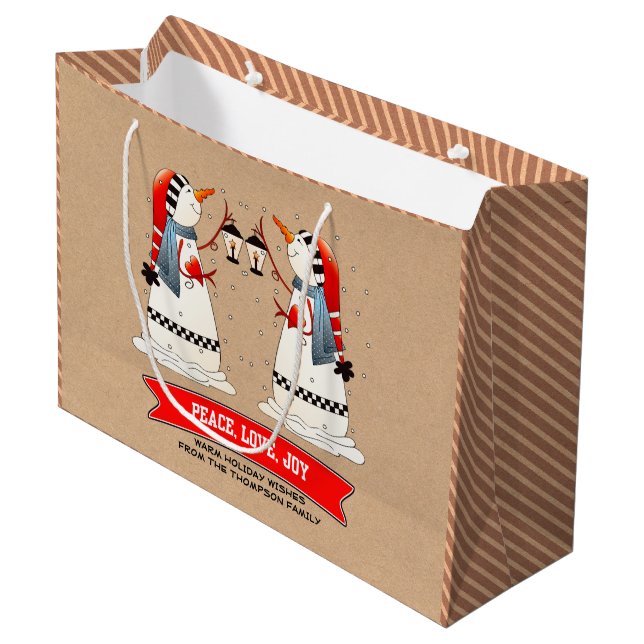 Snowman Couple Kraft Paper Custom Christmas Große Geschenktüte (Vorderseite Schrägansicht)