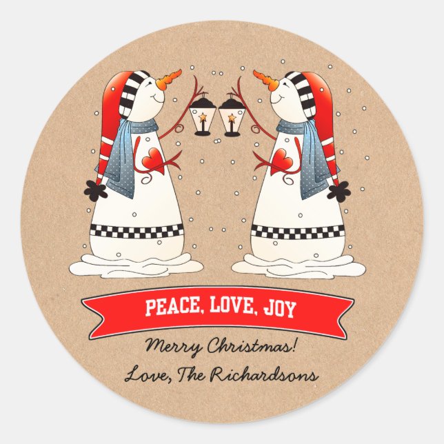 Snowman Couple Kraft Paper Custom Christmas Runder Aufkleber (Vorderseite)
