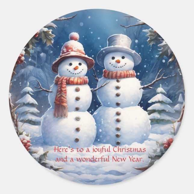 Snowman Couple Runder Aufkleber (Vorderseite)