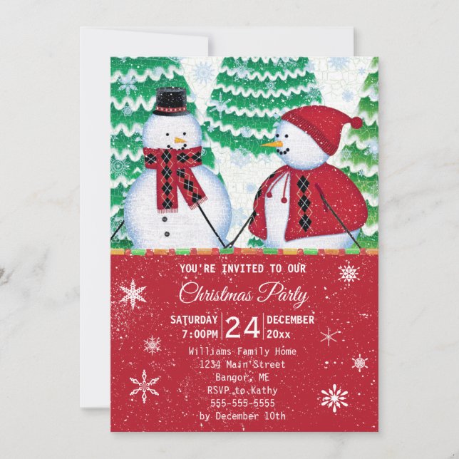 Snowman Couple Snowflakes Rotes Weihnachtsfest Par Einladung (Vorderseite)