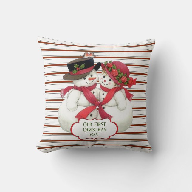 Snowman Couple und Candy Cane Streifen Kissen (Vorderseite)