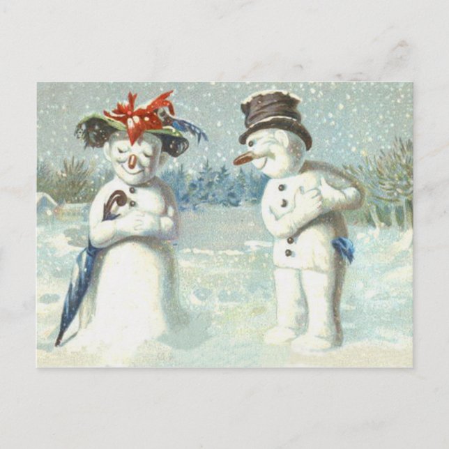 Snowman Couple Winter Snow Field Postkarte (Vorderseite)
