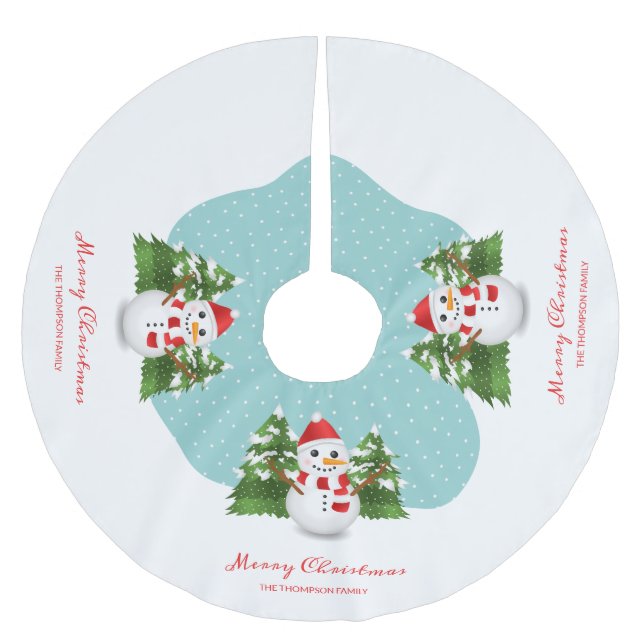 Snowman Custom Familienname Frohe Weihnachten Polyester Weihnachtsbaumdecke (Vorderseite)