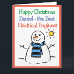 Snowman Design Happy Christmas Electrical Engineer Karte<br><div class="desc">Frohe Weihnachten an einen Elektroingenieur. Der sonnige Cartoon eines Schneemanns in der Wintersonne. Fügen Sie eine Nachricht vom Absender hinzu.</div>