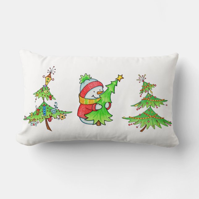 Snowman et arbres de Noël Coussin de Noël (Recto)