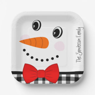 Snowman Face Red Bowtie Black Buffalo Kariert Trim Pappteller