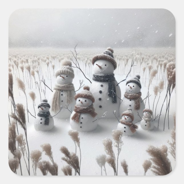 Snowman-Familie auf dem Lande Quadratischer Aufkleber (Vorderseite)
