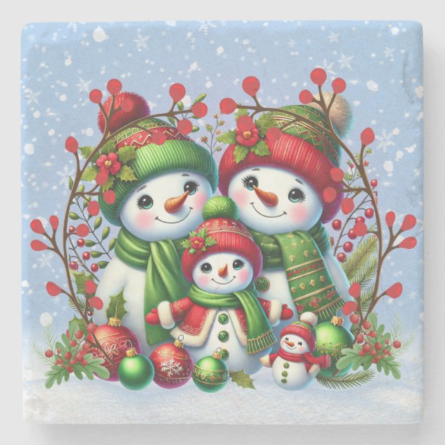 Snowman-Familie Steinuntersetzer (Vorderseite)