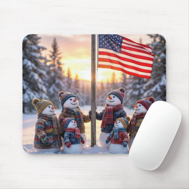 Snowman Family Gathering Around a Flagpole Mousepad (Mit Mouse)