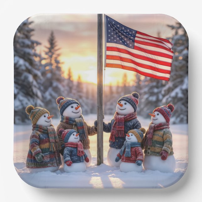 Snowman Family Gathering Around a Flagpole Pappteller (Vorderseite)