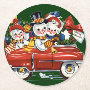 Snowman Family Out für Drive Weihnachten Runder Pappuntersetzer