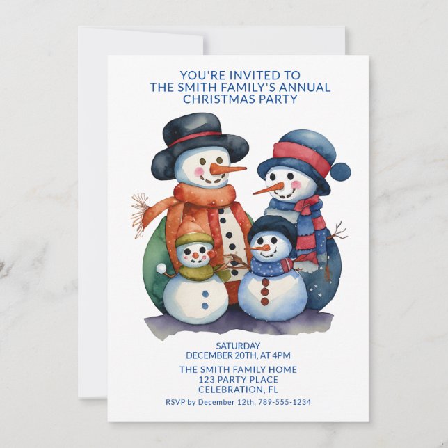 Snowman Family präsentiert blaues Party Einladung (Vorderseite)