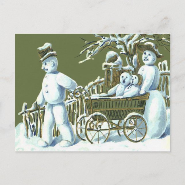 Snowman Family Spaziergang Schnee Postkarte (Vorderseite)