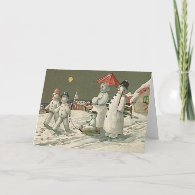 Snowman Family Winter Schneekirche Feiertagskarte (Vorderseite)