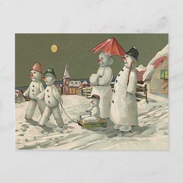 Snowman Family Winter Schneekirche Postkarte (Vorderseite)
