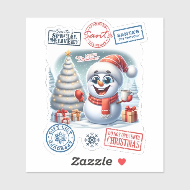 Snowman feiert Weihnachten mit Geschenken Aufkleber (Blatt)