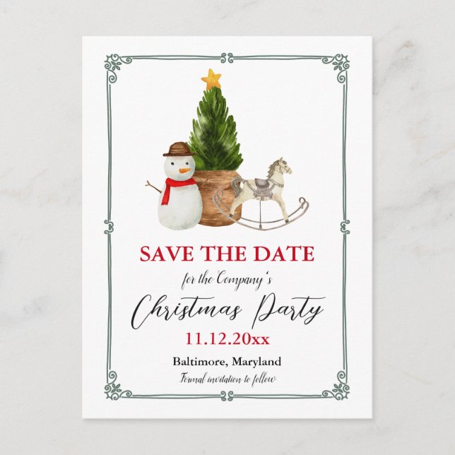 Snowman Festive | Weihnachts-Party Save the Date Ankündigungspostkarte (Vorderseite)
