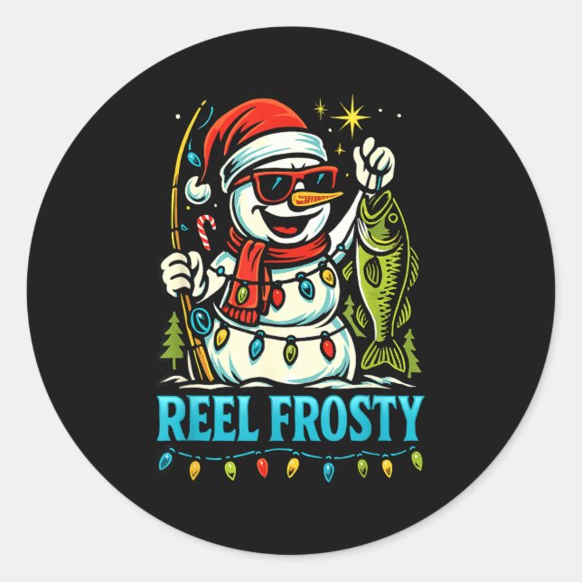 Snowman Fishing Christmas Holiday Festive Winter F Runder Aufkleber (Vorderseite)